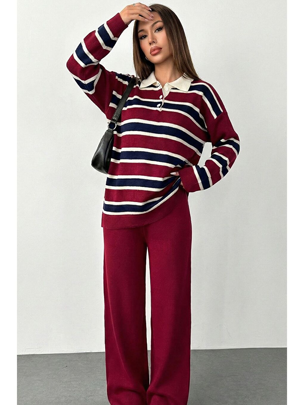 Bordo Kadın Çizgi Desenli Kazak Pantolon Triko İkili Takım-4