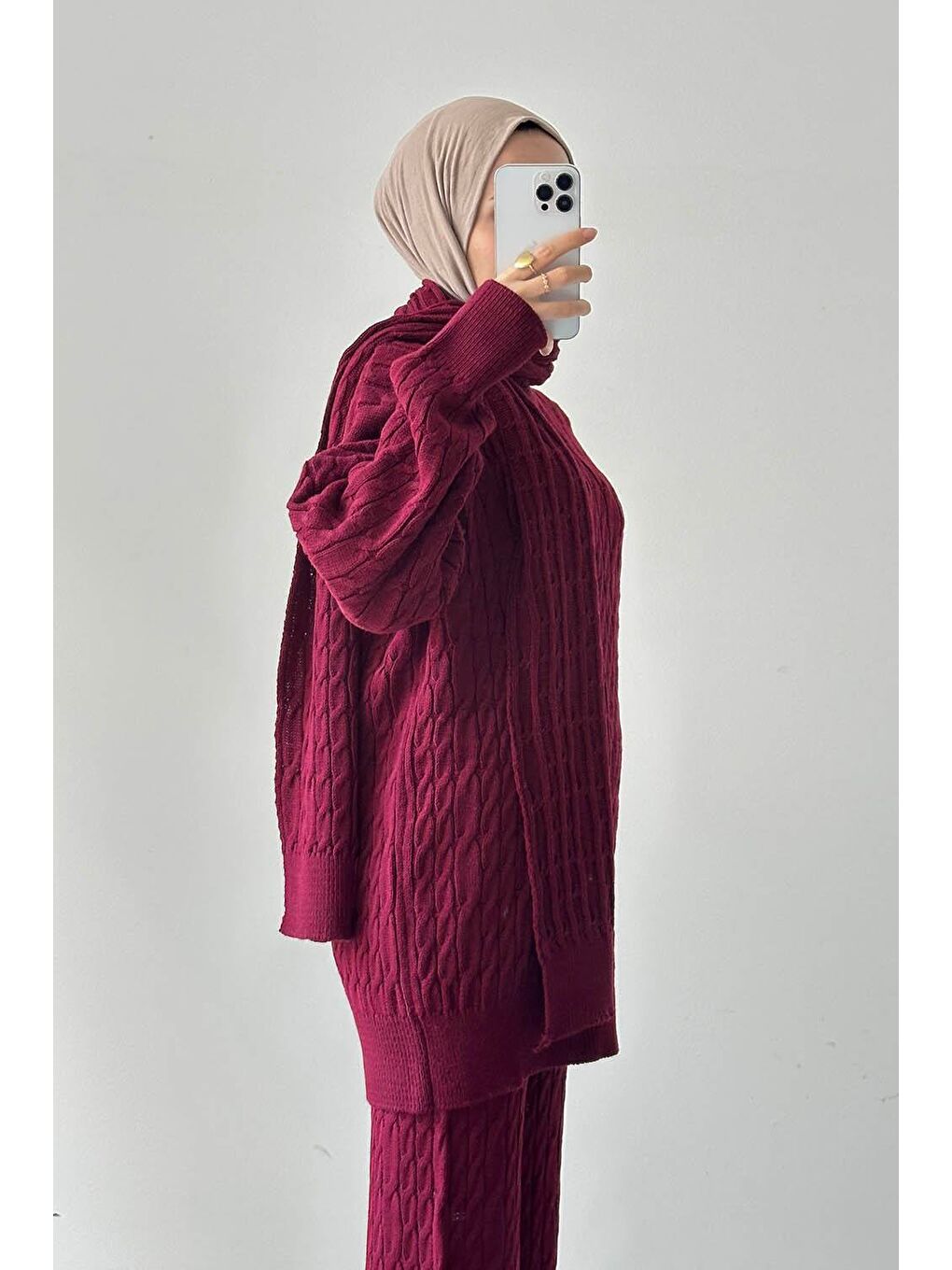 Atkılı Örülü Tesettür Takım Bordo-1