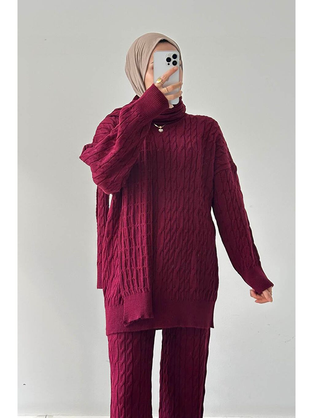 Atkılı Örülü Tesettür Takım Bordo-2