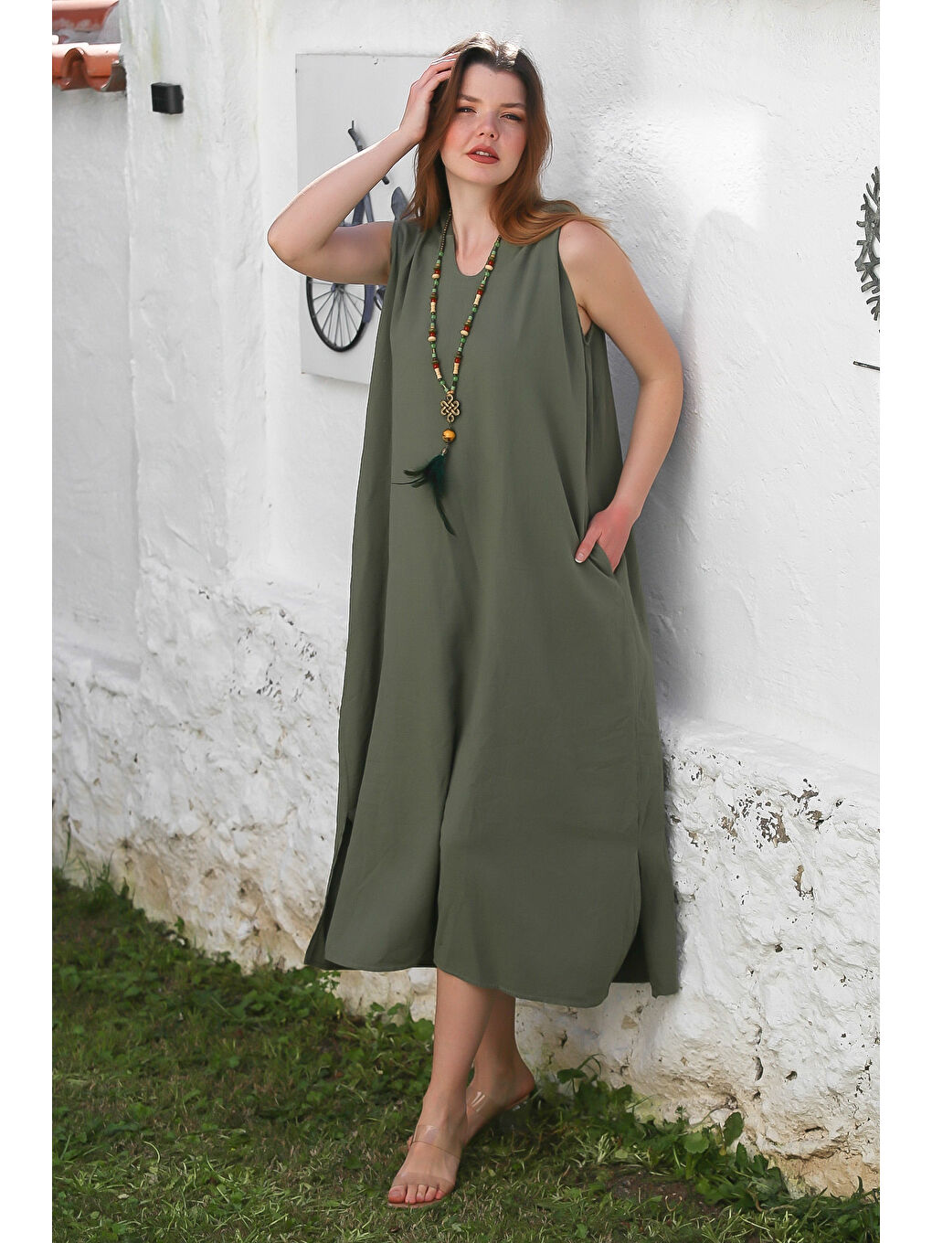 Haki Kapüşonlu Kolsuz Gizli Cepli Yıkamalı Yırtmaçlı Casual Keten Karışımlı Dokuma Elbise 130 66-1