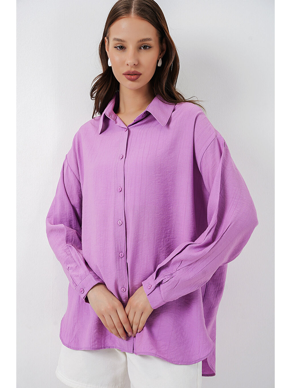 Kadın Uzun Oversize Gömlek 20334 - Lila-2