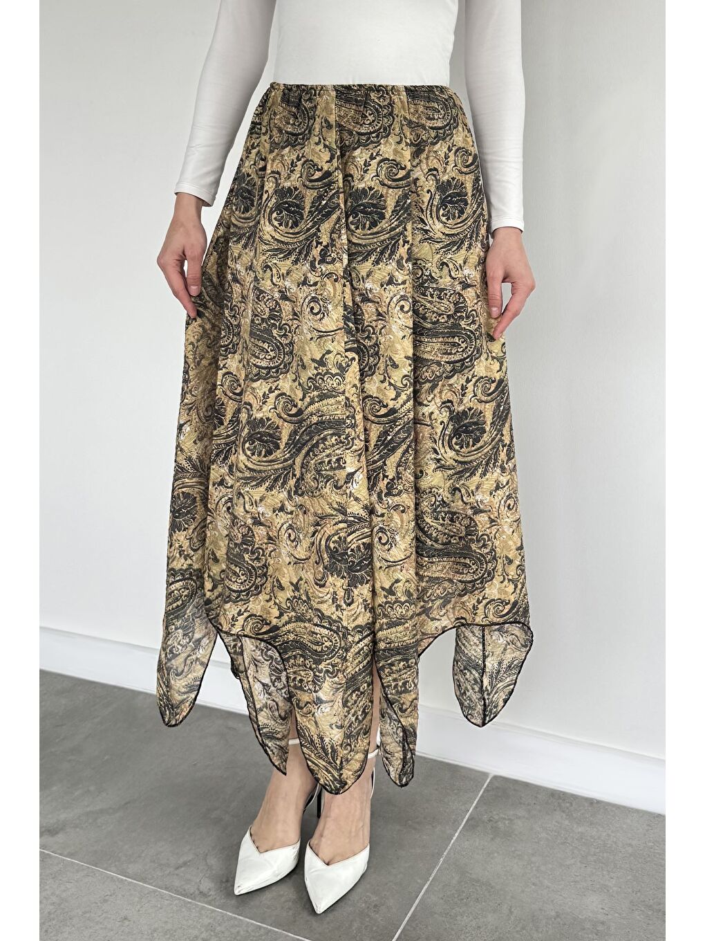 Kahverengi Kadın Bel Lastikli İç Astarlı Asimetrik Kesim Desenli Etek-2