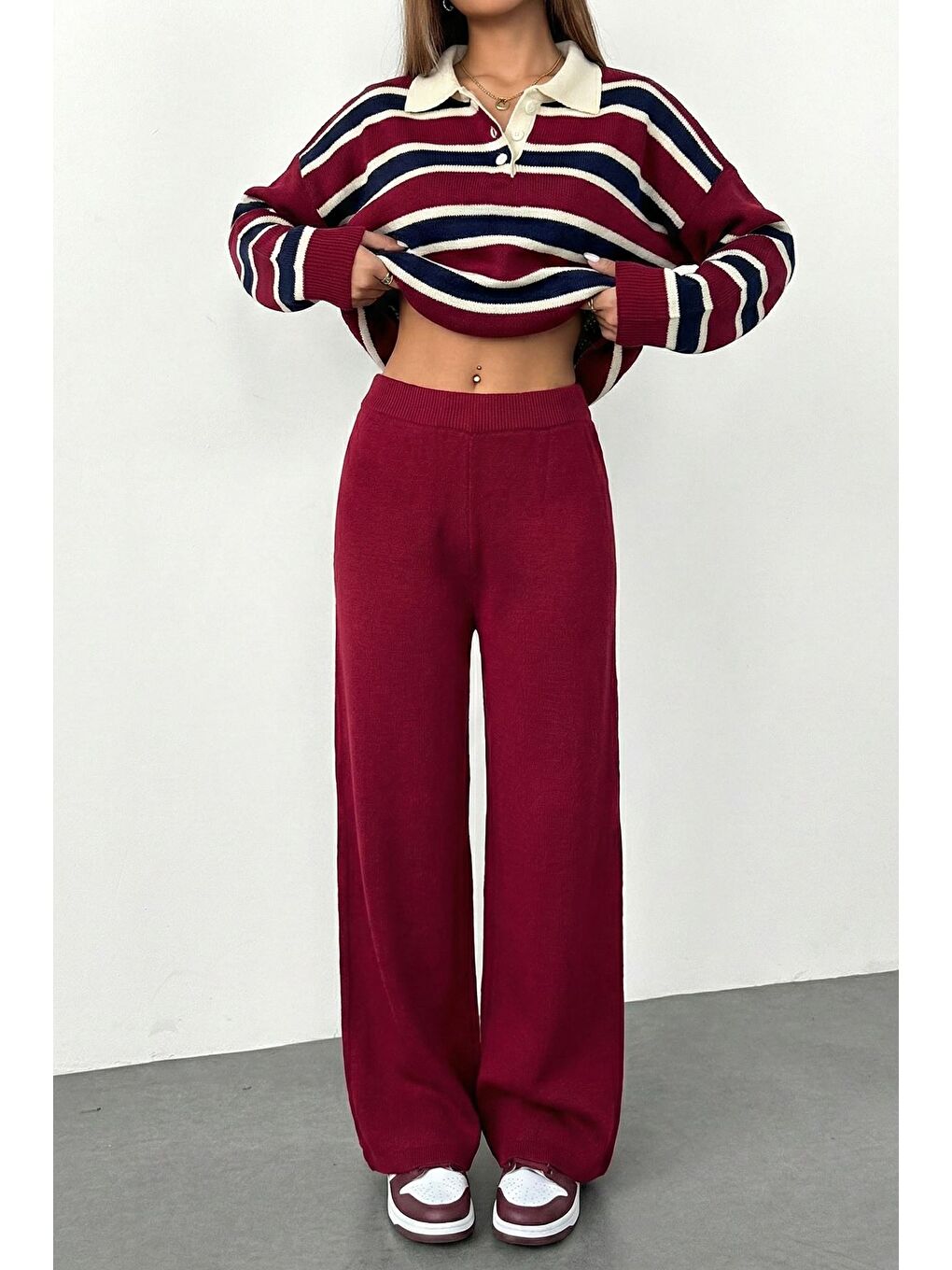 Bordo Kadın Çizgi Desenli Kazak Pantolon Triko İkili Takım-5
