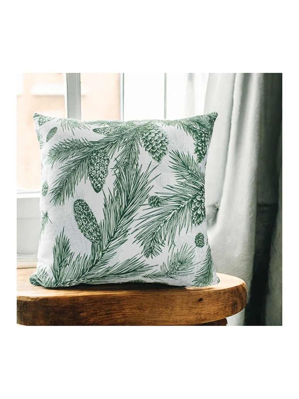 ASDIVA Yılbaşı  Outlet  Kırlent Kılıfı Beyaz Yeşil Yeni Yıl Yılbaşı Ağacı Çam Ağacı Çam Kozalağı 43x43