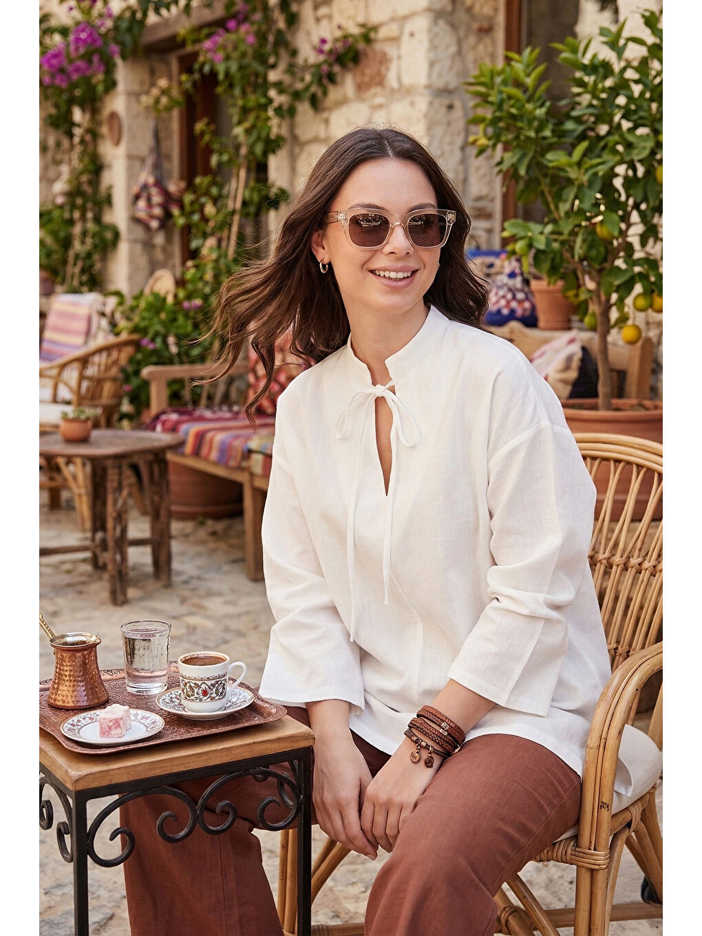 Beyaz Bağlamalı Hakim Yaka Pamuklu Rahat Bluz 6925480