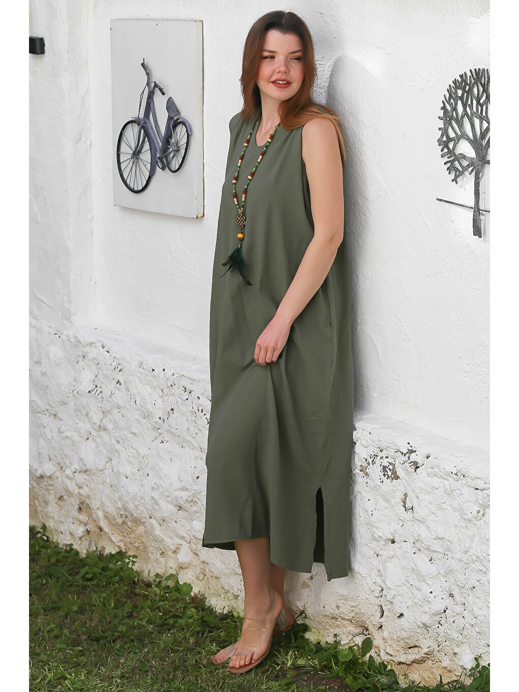 Haki Kapüşonlu Kolsuz Gizli Cepli Yıkamalı Yırtmaçlı Casual Keten Karışımlı Dokuma Elbise 130 66-3