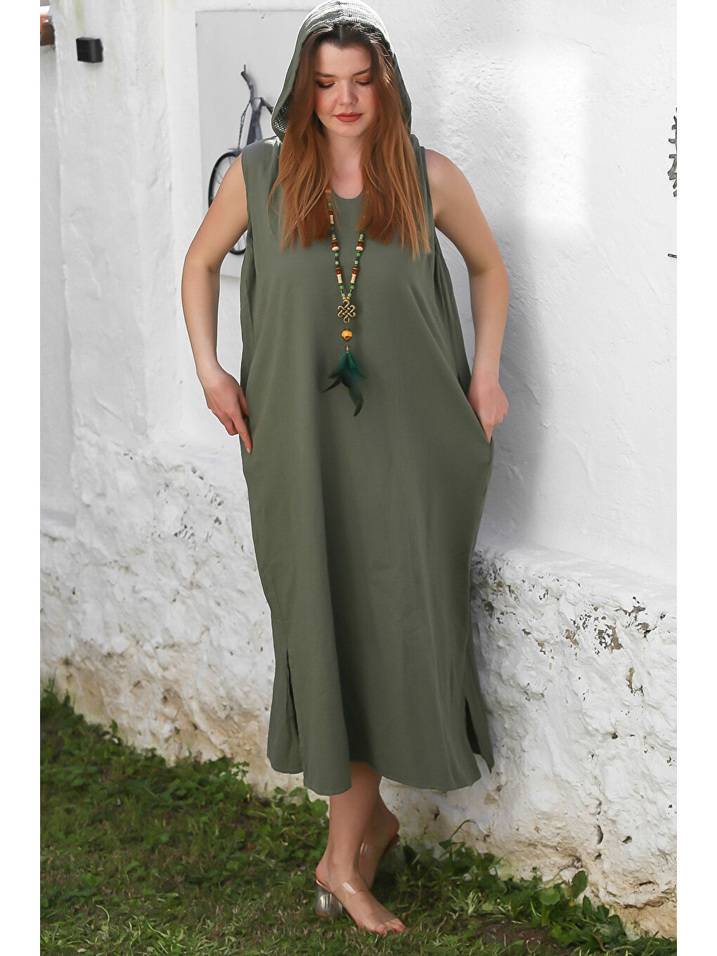 Haki Kapüşonlu Kolsuz Gizli Cepli Yıkamalı Yırtmaçlı Casual Keten Karışımlı Dokuma Elbise 130 66-4