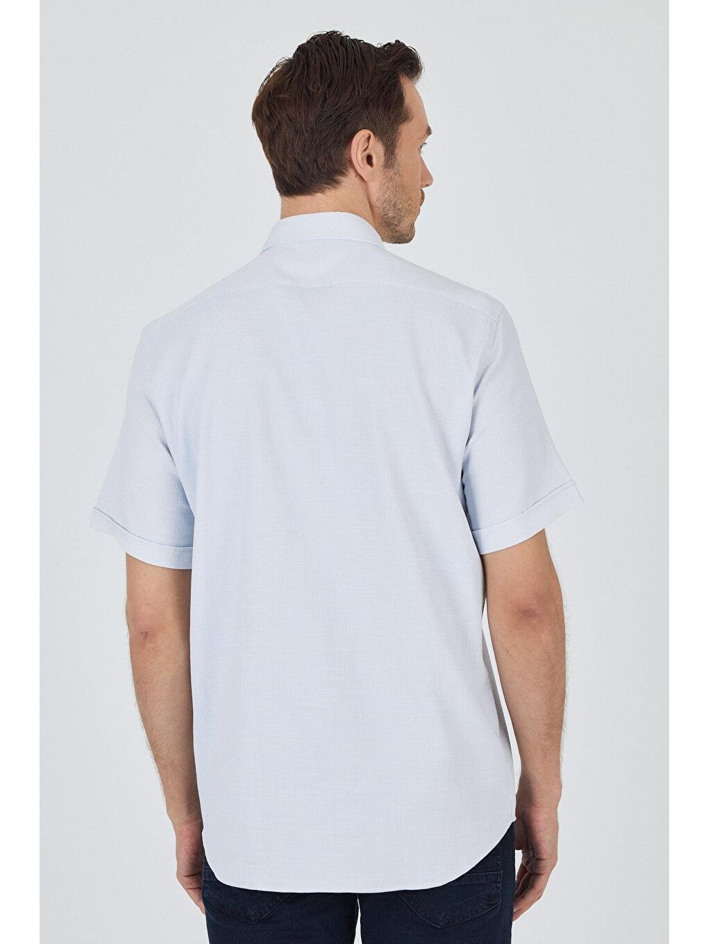 Koyu Mavi Biritli Yaka Düz Casual Pamuklu Comfort Fit Gömlek 1004250221-1