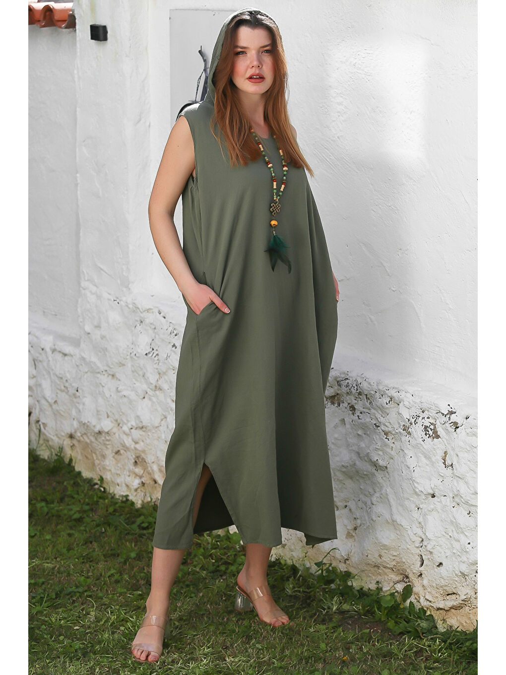 Haki Kapüşonlu Kolsuz Gizli Cepli Yıkamalı Yırtmaçlı Casual Keten Karışımlı Dokuma Elbise 130 66-5