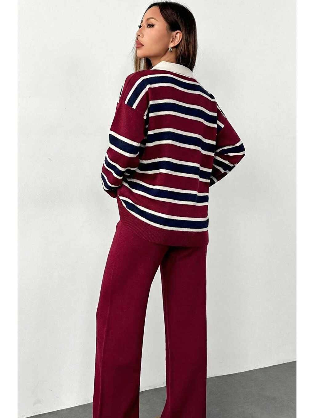 Bordo Kadın Çizgi Desenli Kazak Pantolon Triko İkili Takım-6