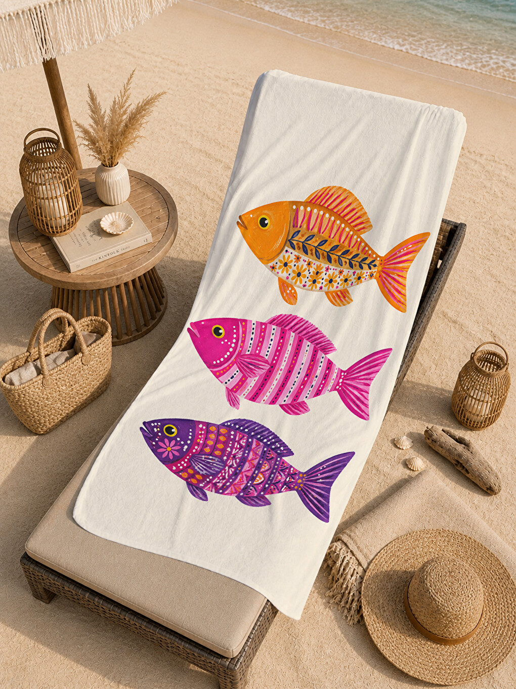 Mavi Retro Renkli Balık İllüstrasyonlu Desenli 70x150 Plaj Havlusu - Dijital Baskılı Solmaz Banyo Havlusu-4