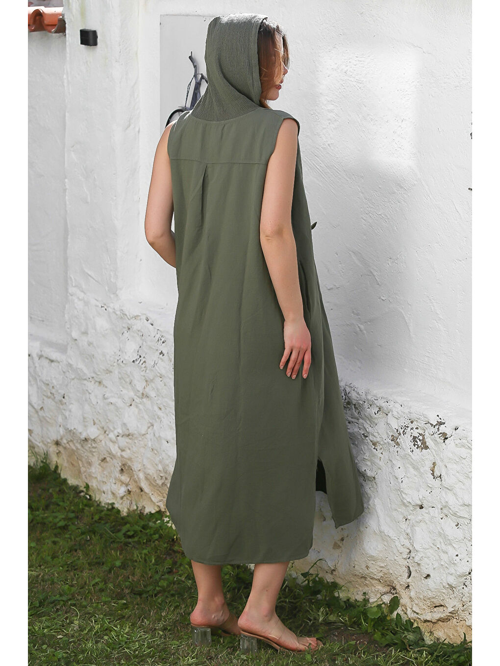 Haki Kapüşonlu Kolsuz Gizli Cepli Yıkamalı Yırtmaçlı Casual Keten Karışımlı Dokuma Elbise 130 66-6