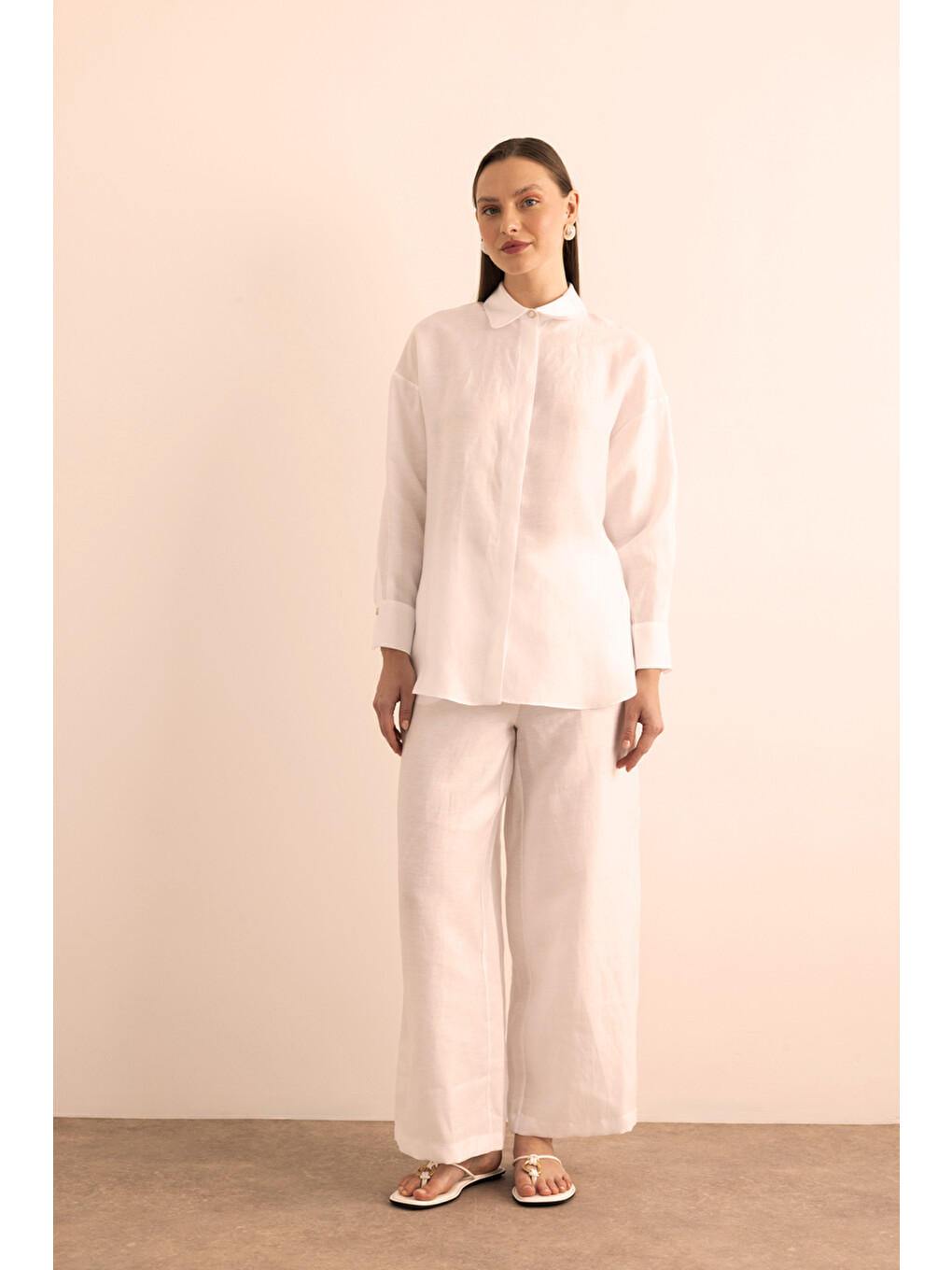 Beyaz Beli Lastikli Keten Pantolon