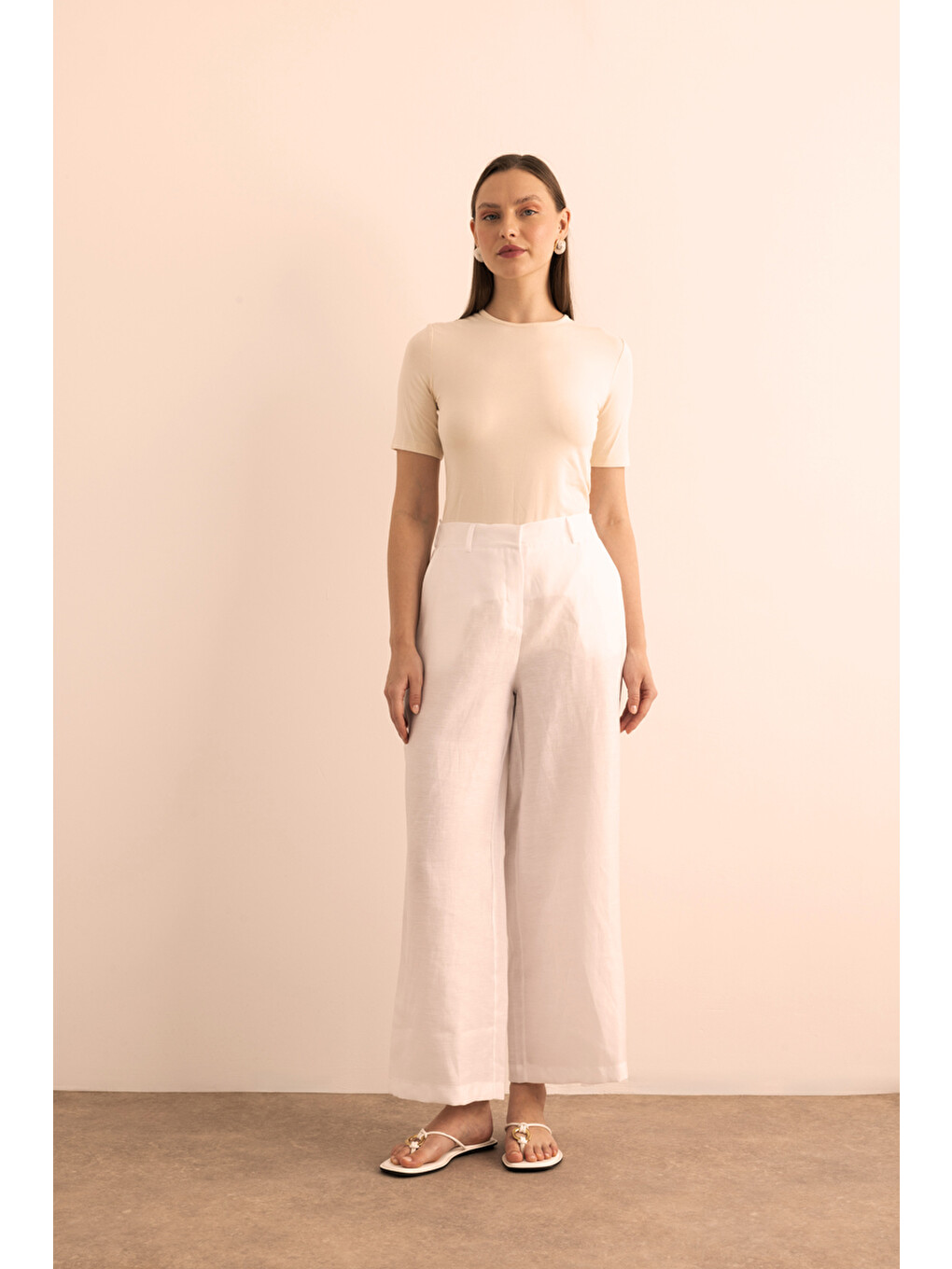 Beyaz Beli Lastikli Keten Pantolon-1