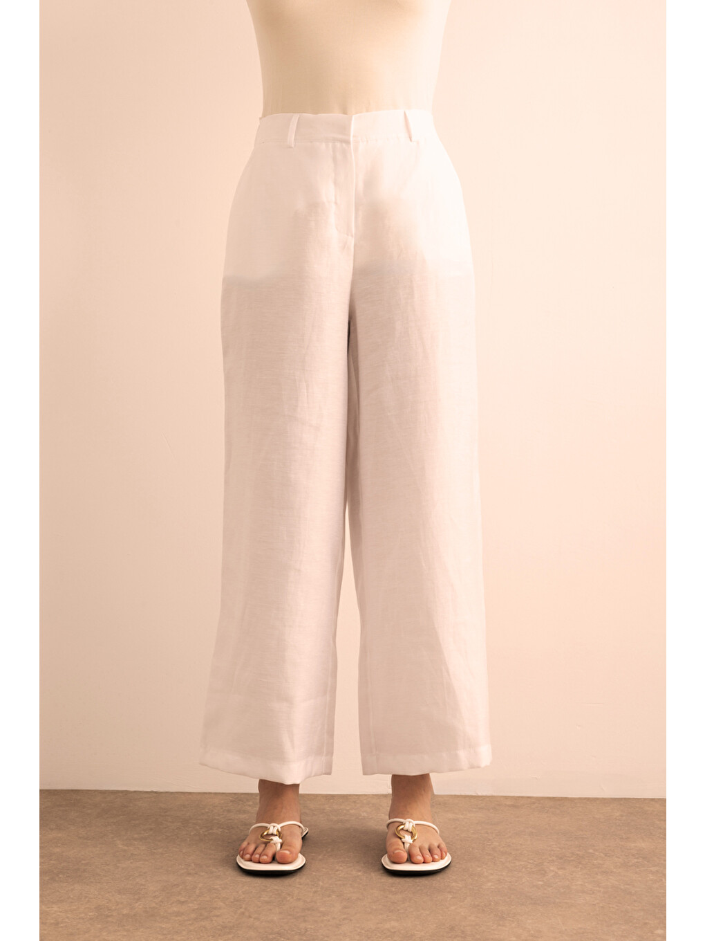 Beyaz Beli Lastikli Keten Pantolon-2