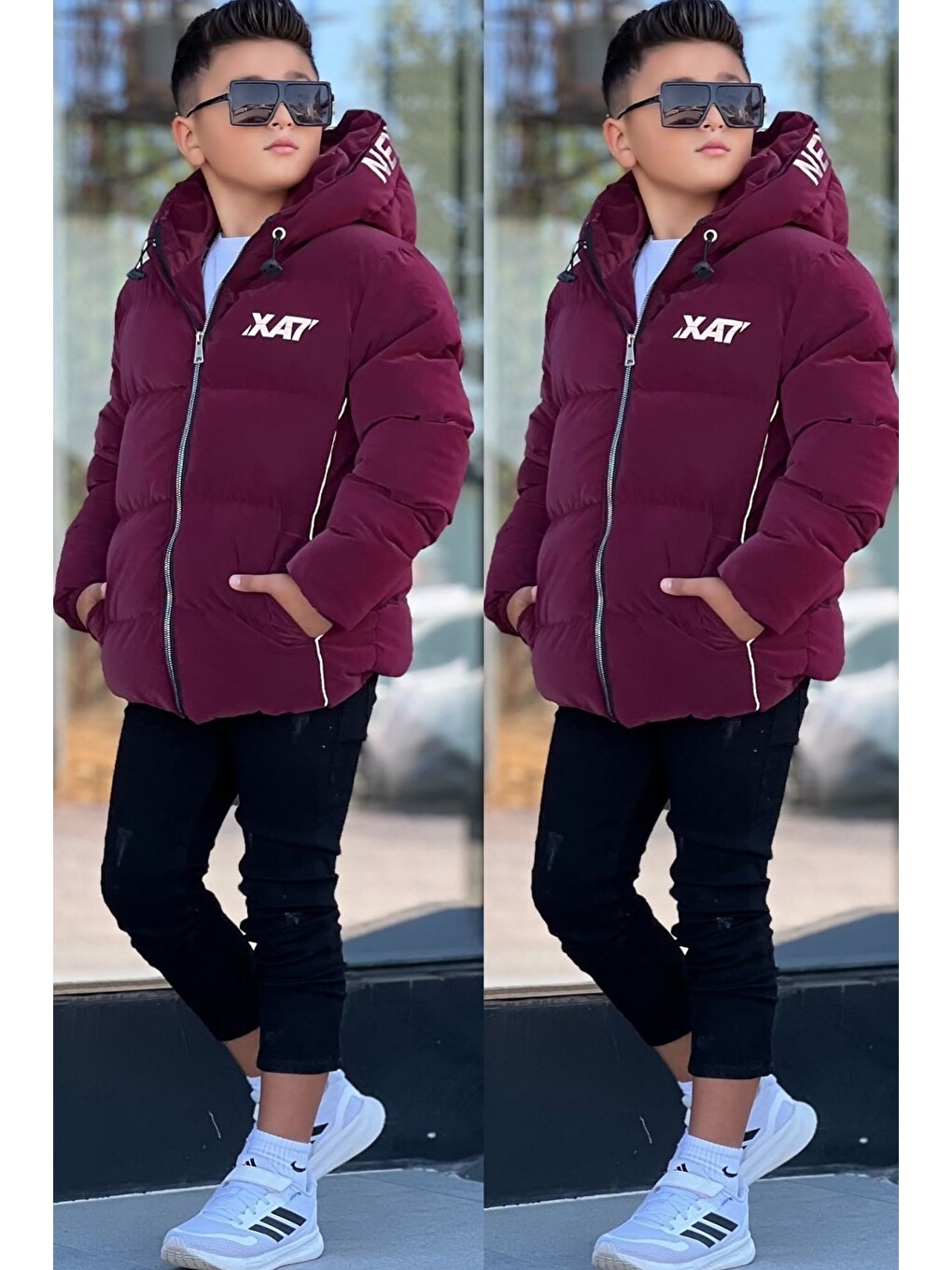 Bordo Erkek Çocuk Kapüşonlu Baskılı Reflöktör Detaylı Nova Kumaş Kışlık Şişme Mont Km4017-2