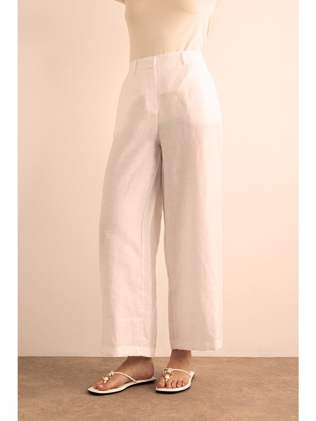 Beyaz Beli Lastikli Keten Pantolon-4