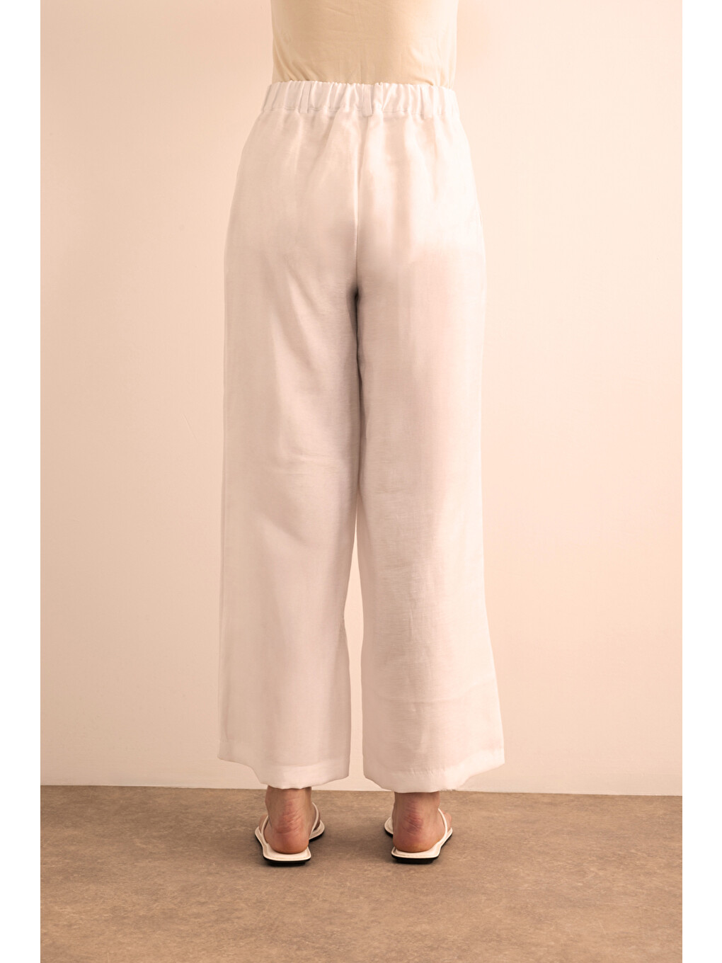 Beyaz Beli Lastikli Keten Pantolon-5