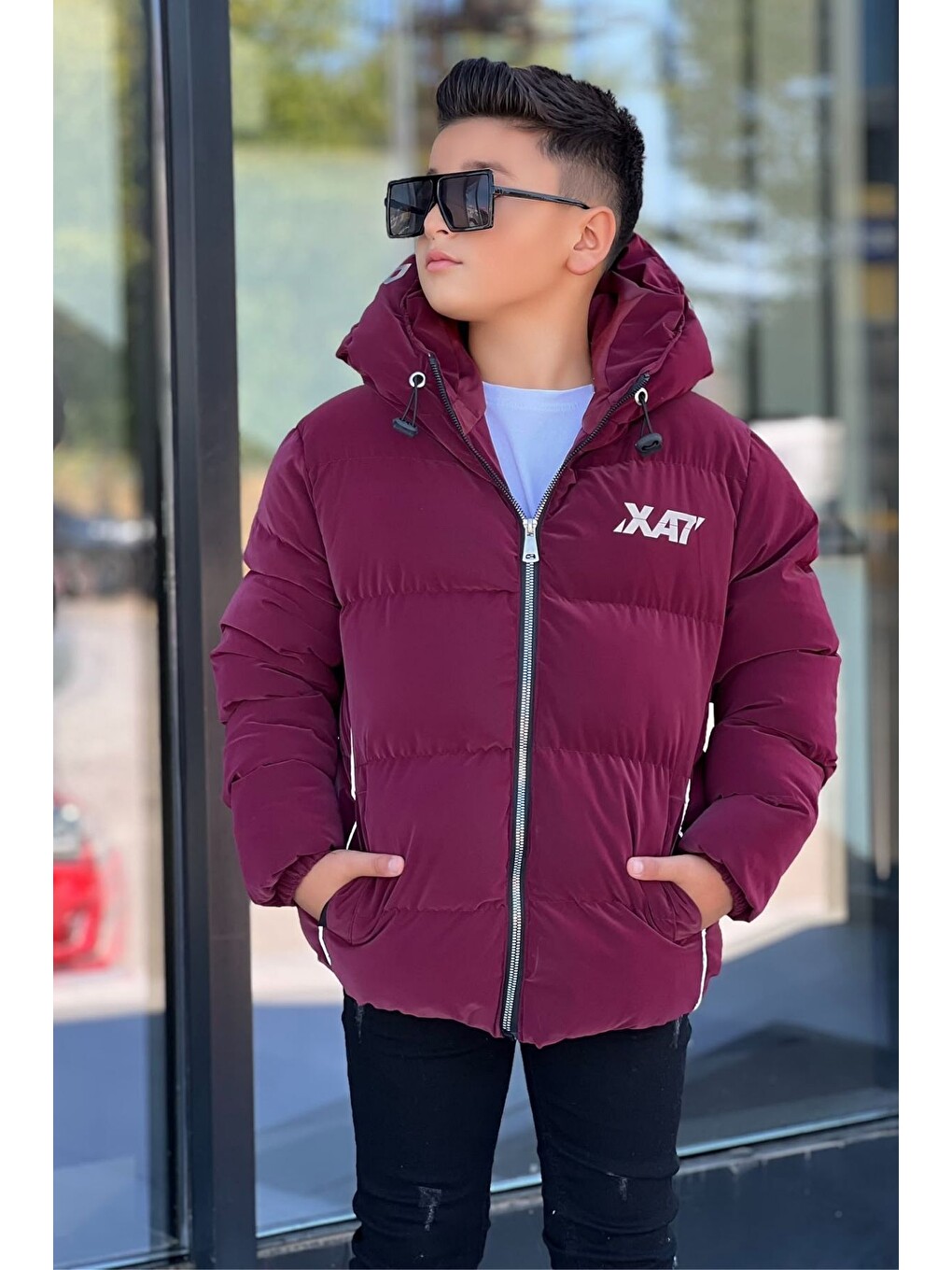 Bordo Erkek Çocuk Kapüşonlu Baskılı Reflöktör Detaylı Nova Kumaş Kışlık Şişme Mont Km4017-4
