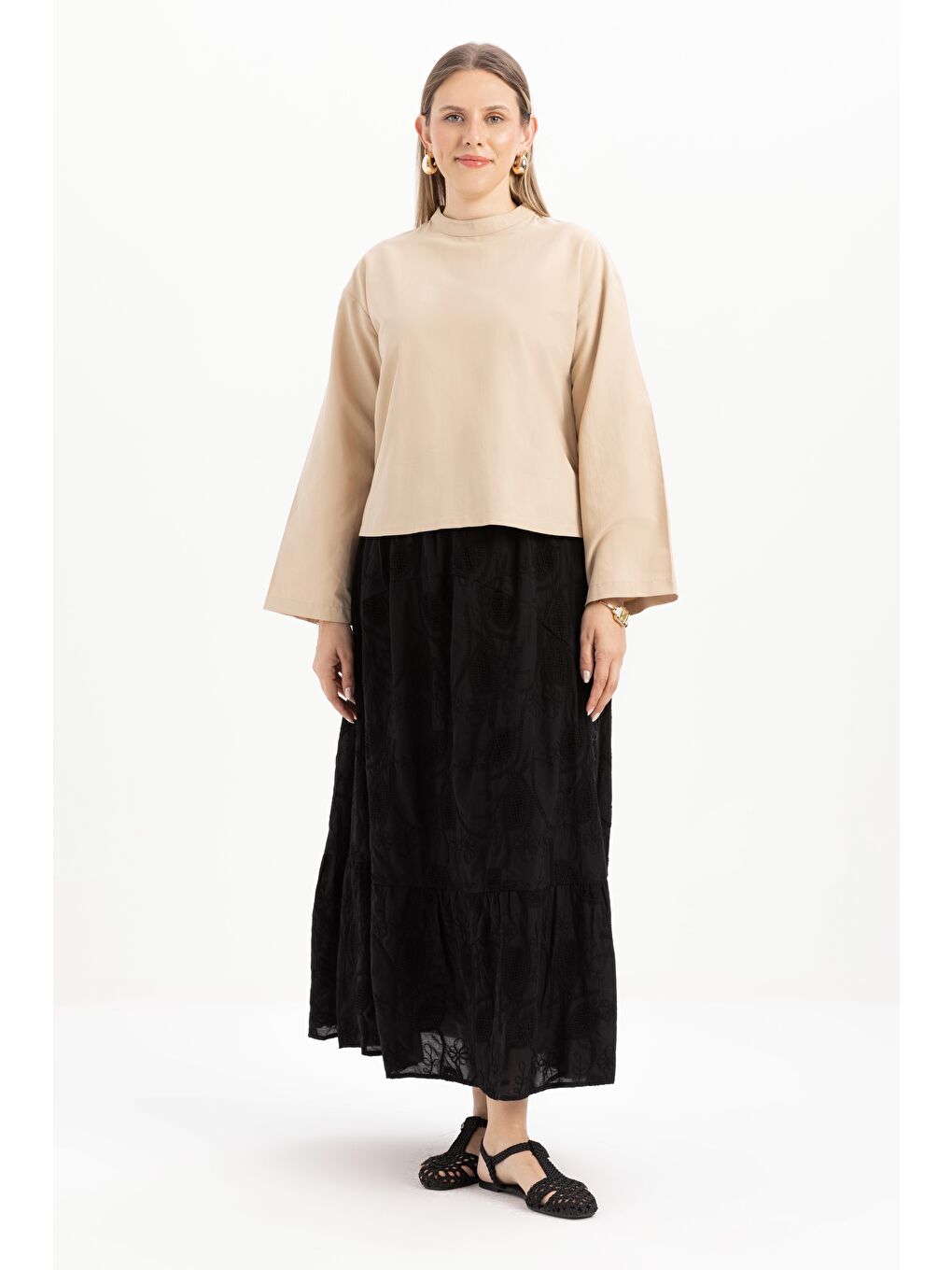 Bej-Gizli Fermuarlı Yırtmaçlı Bluz-1