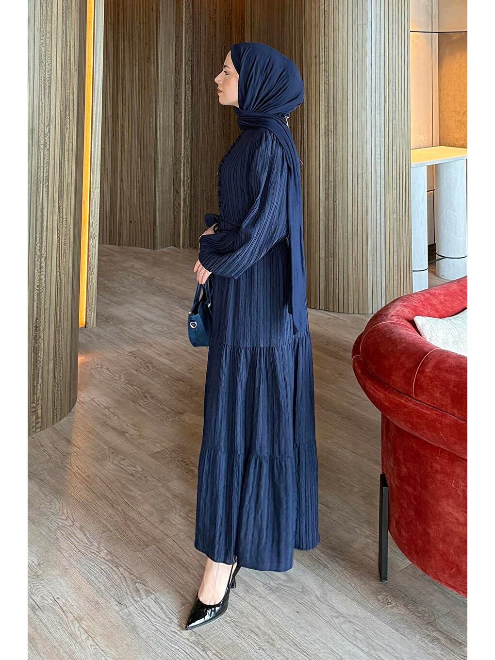 Biritli Tesettür Elbise Lacivert-1