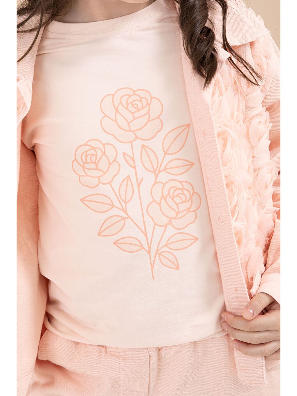 Pembe Somon Önü Gül İşlemeli Ceketli Kız Çocuk Pantolonlu 3lü Alt Üst Takım 23607-2