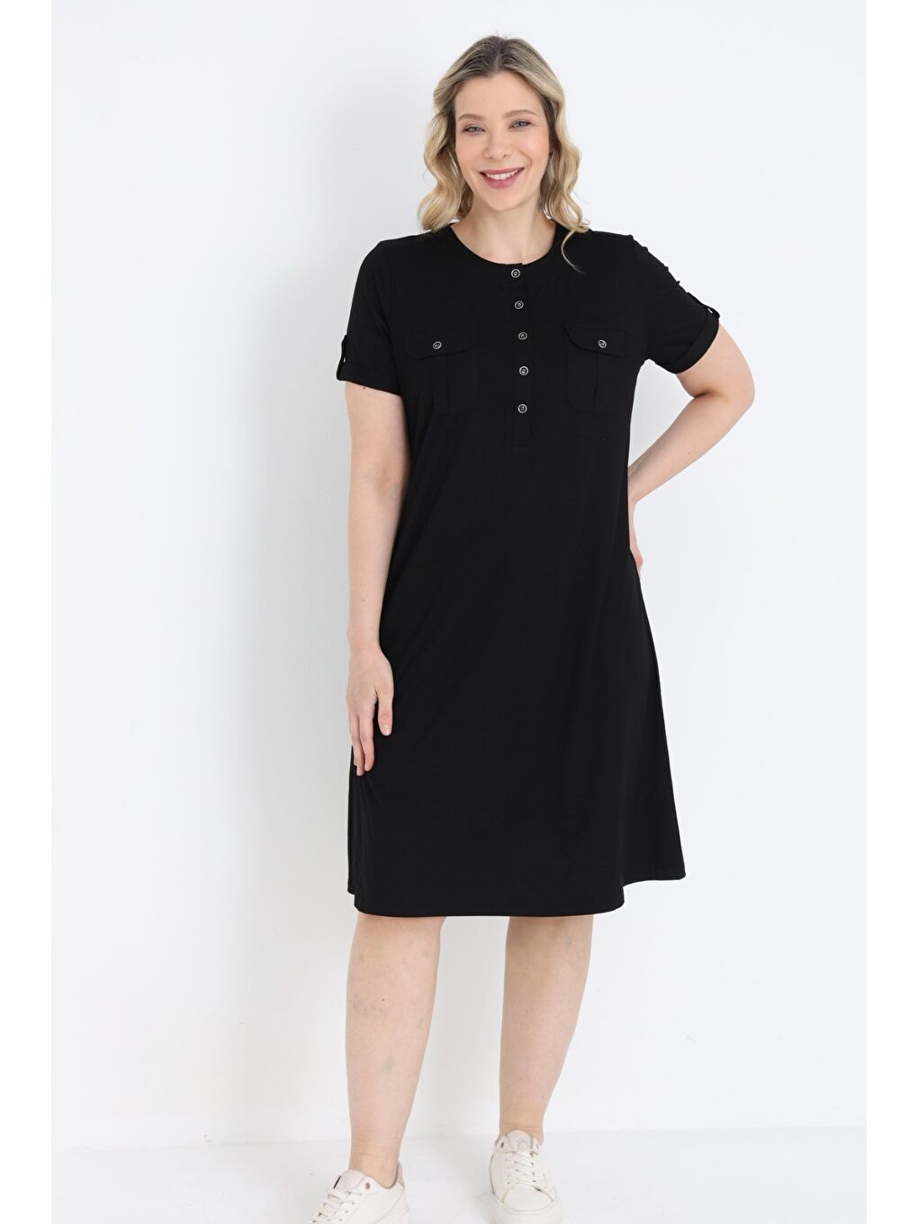 Siyah Büyük Beden Cepli Düğmeli Viskon Elastanlı Elbise-2