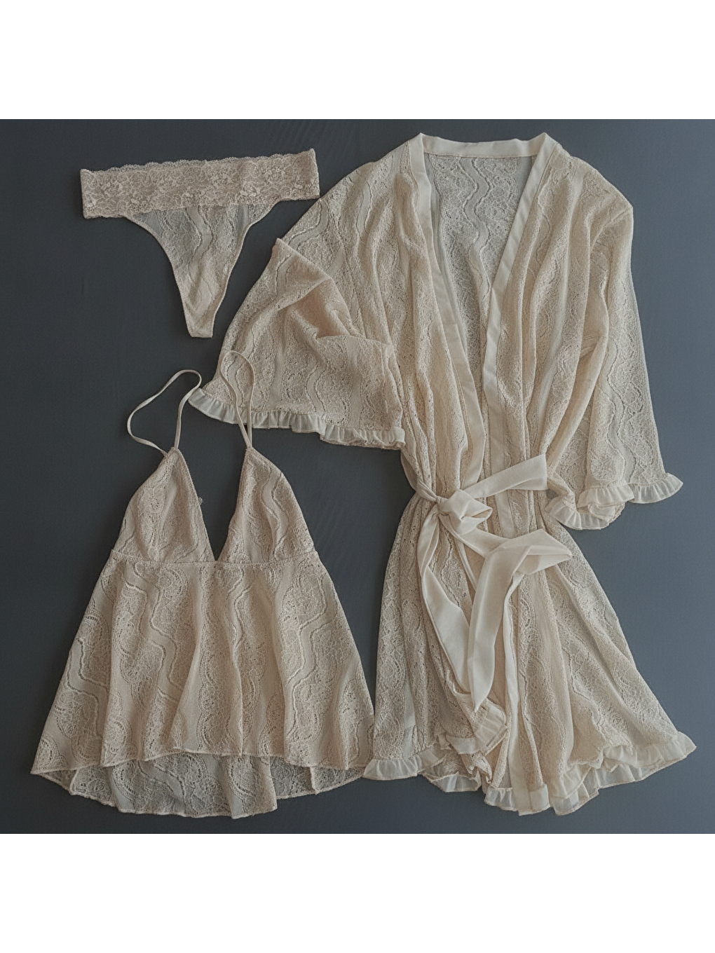 Kadın Çeyizlik Ve Bohçalık Tül Transparan Ekru Renk Babydoll, String Ve Sabahlık 3 Lü Paket Bb2686