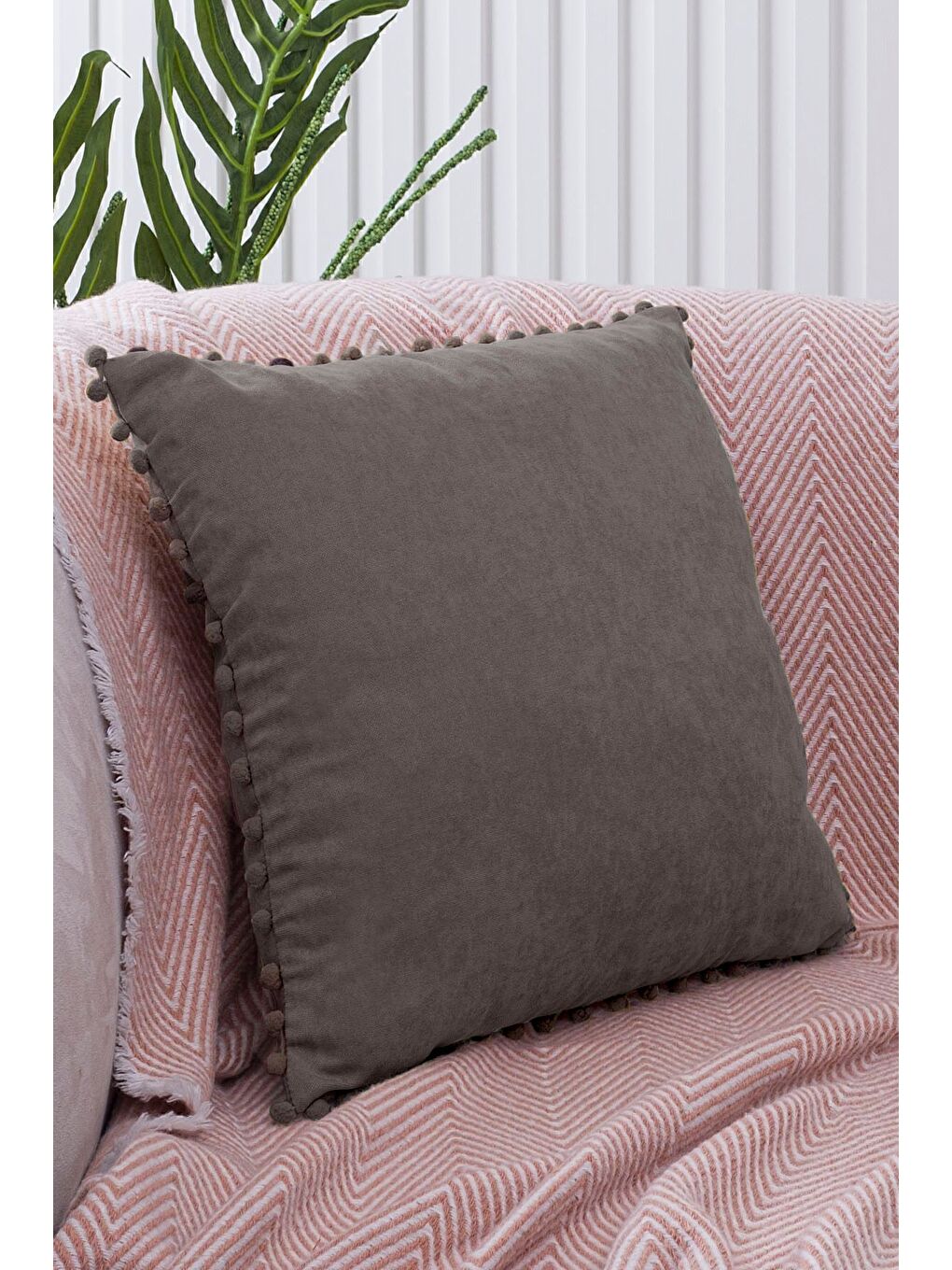 Renk Ve Ölçü Seçenekli Gri Ponponlu Kırlent Kılıfı Dekoratif Düz Sade Punch Panoroma