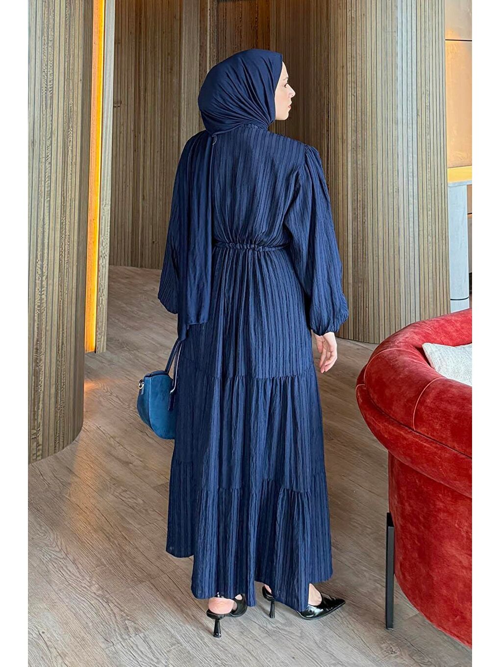 Biritli Tesettür Elbise Lacivert-3