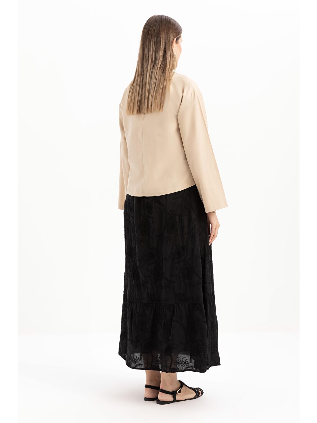 Bej-Gizli Fermuarlı Yırtmaçlı Bluz-3