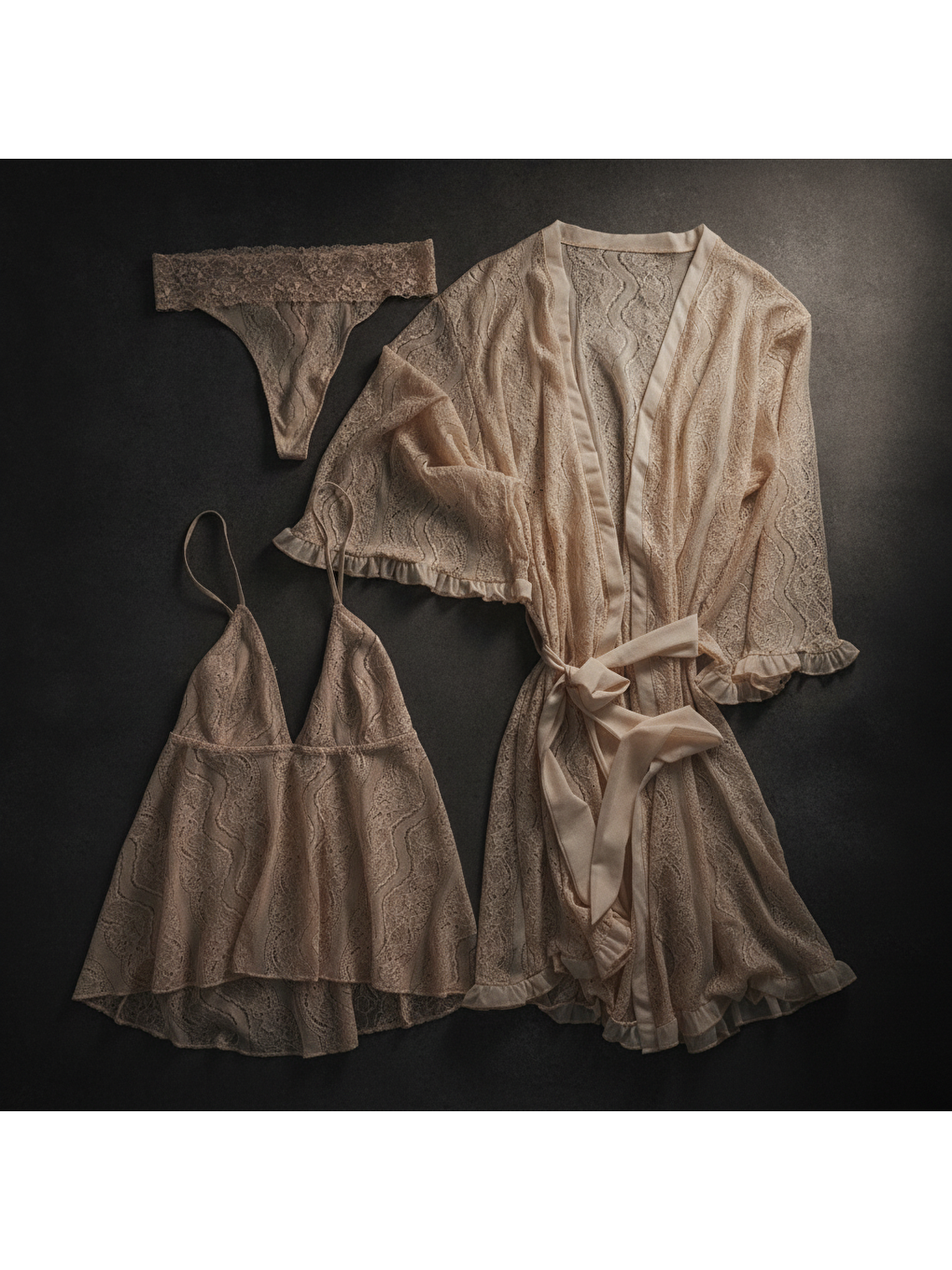 Kadın Çeyizlik Ve Bohçalık Tül Transparan Ekru Renk Babydoll, String Ve Sabahlık 3 Lü Paket Bb2686-1