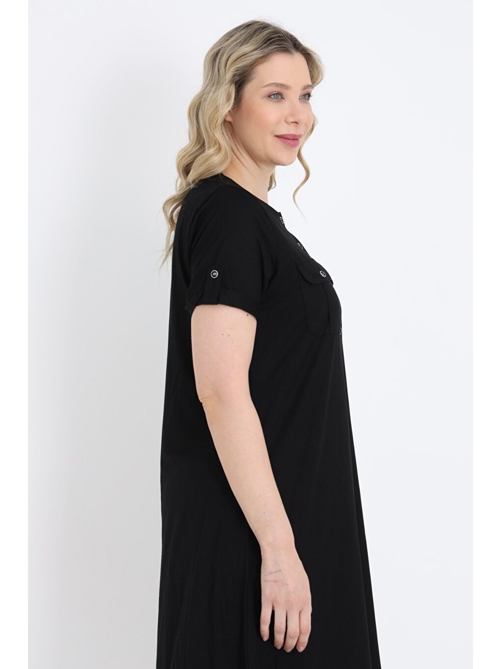 Siyah Büyük Beden Cepli Düğmeli Viskon Elastanlı Elbise-3