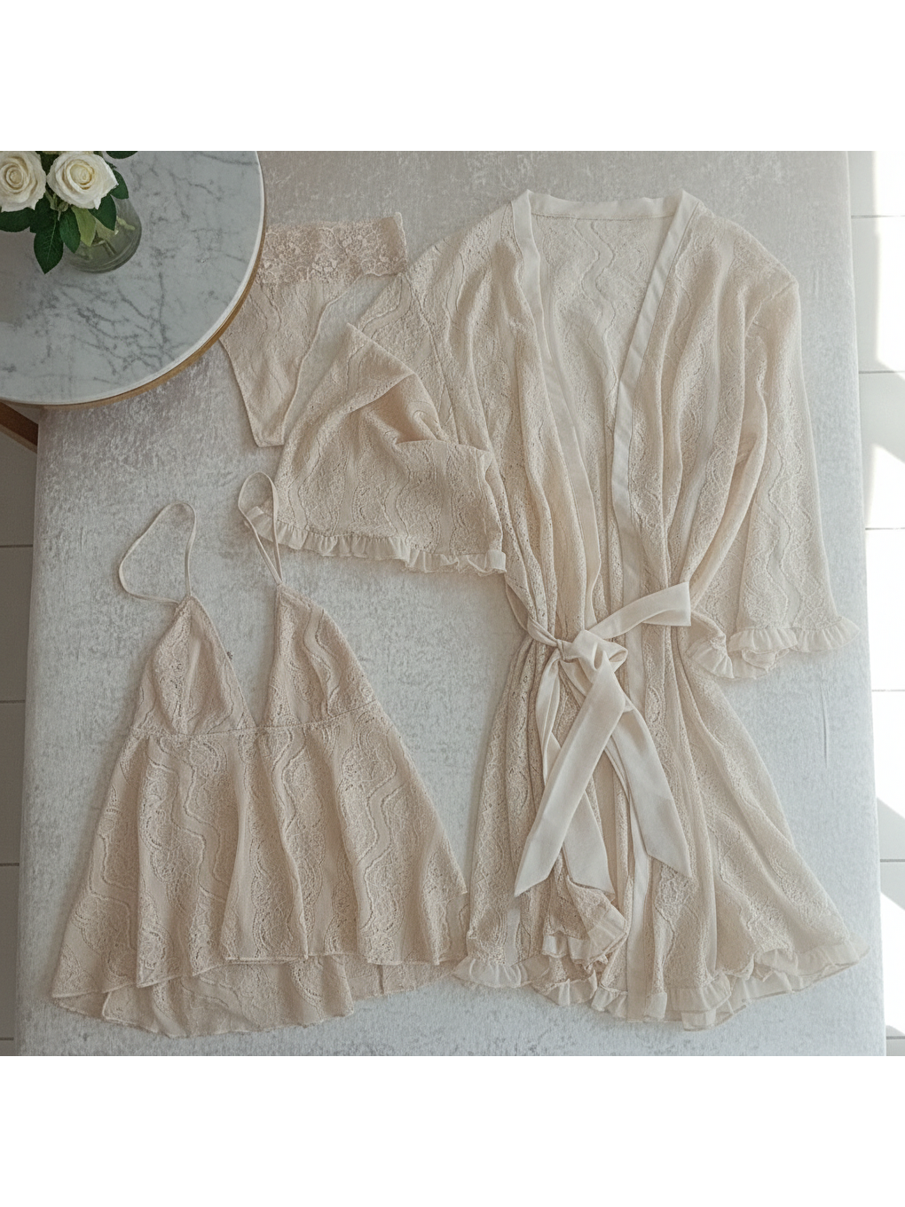 Kadın Çeyizlik Ve Bohçalık Tül Transparan Ekru Renk Babydoll, String Ve Sabahlık 3 Lü Paket Bb2686-2