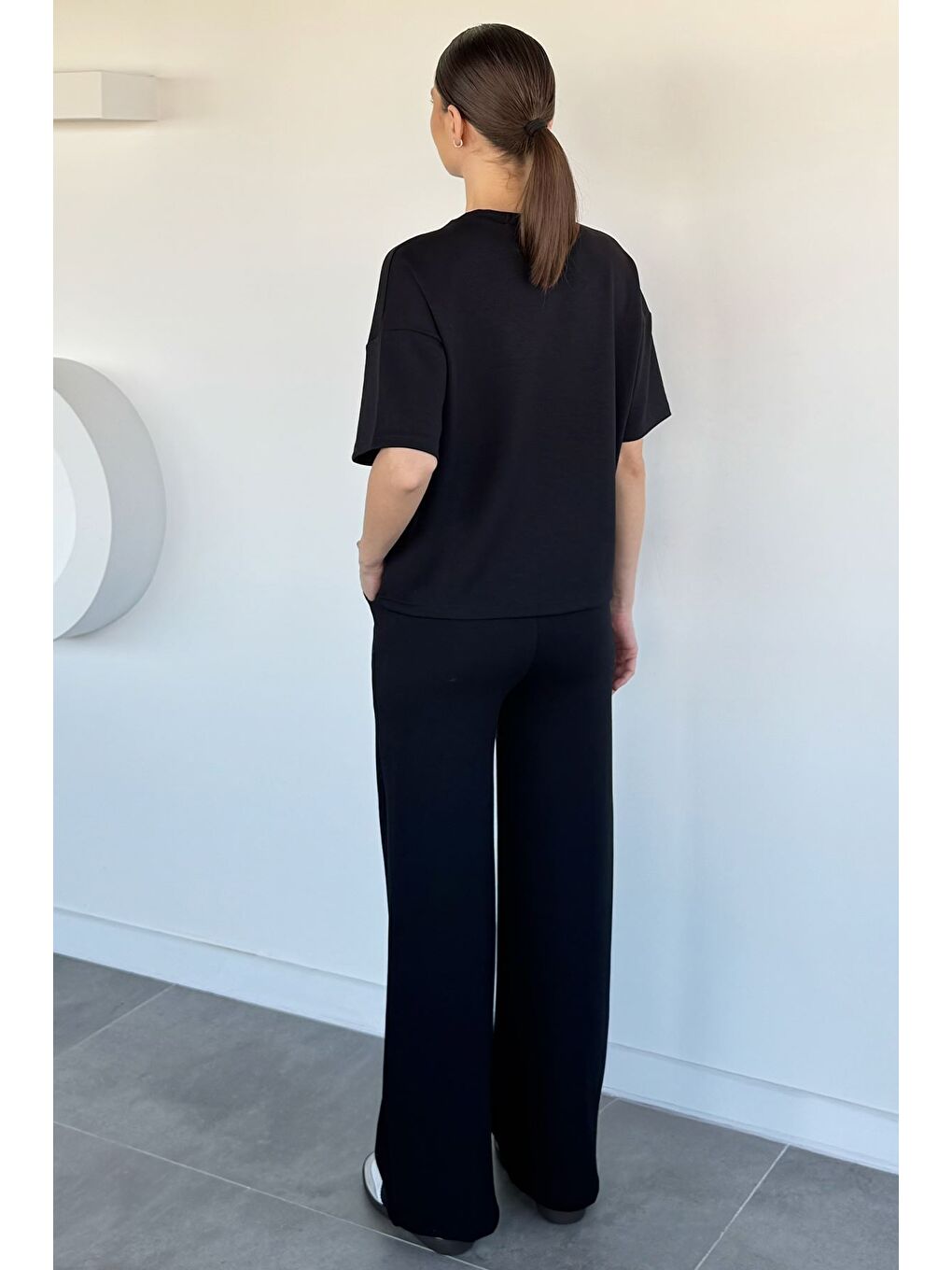 Siyah Kadın Bisiklet Yaka Tişört Bel Lastikli Palazzo Pantolon İkili Takım-3