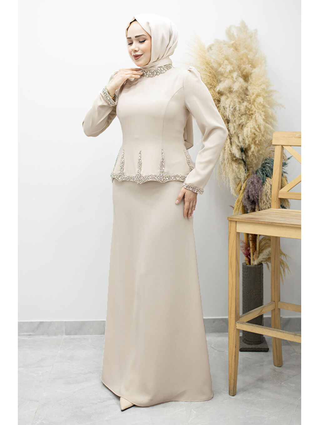 Taş İşlemeli Peplum Abiye TSD260195 Bej-2