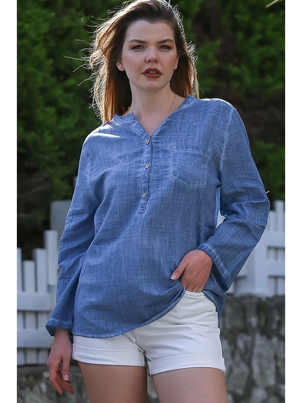 Jean Mavisi Hakim Yaka Düğmeli Uzun Kollu Cepli Yıkamalı Casual Dokuma Bluz 70 60