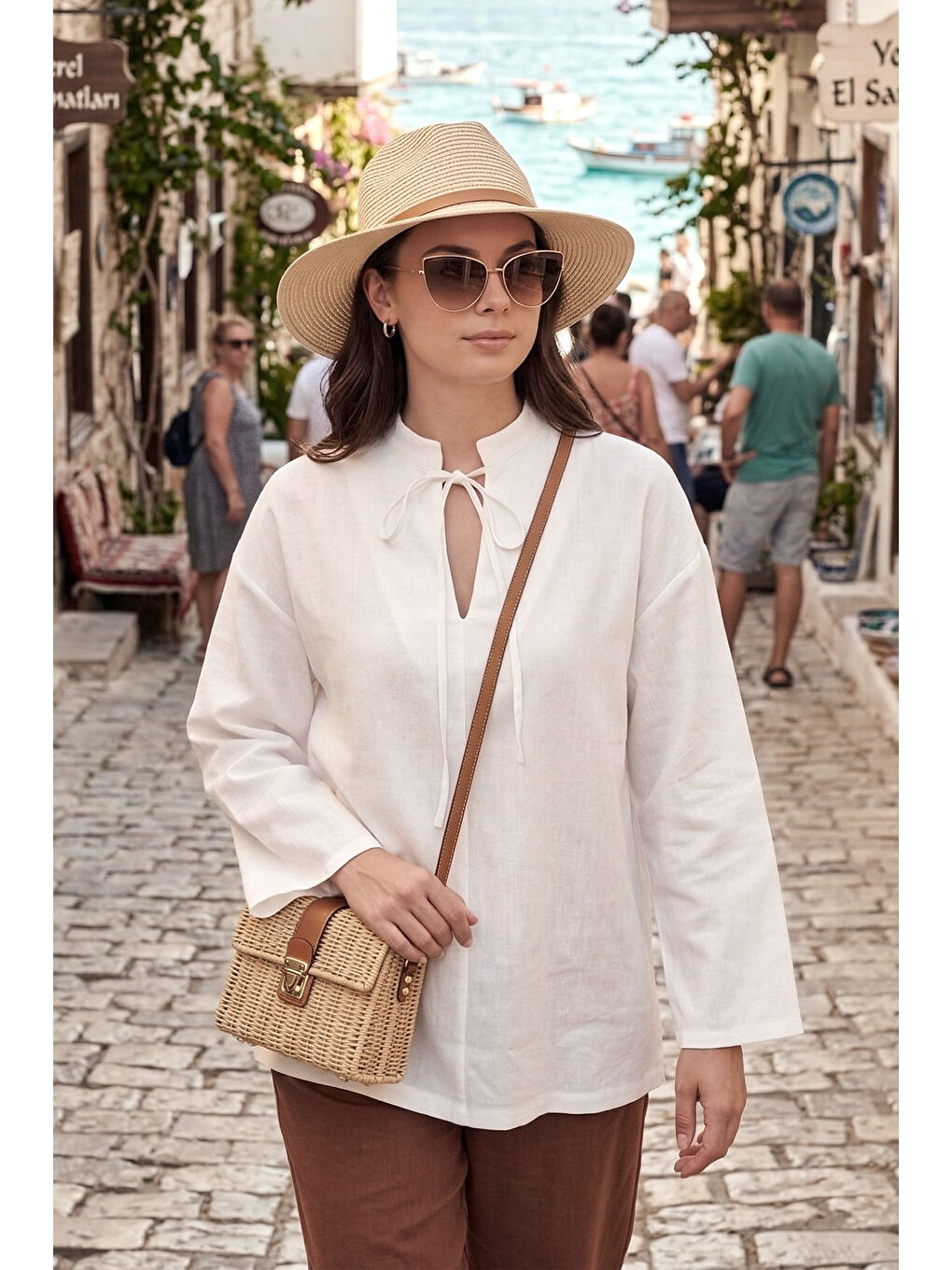 Beyaz Bağlamalı Hakim Yaka Pamuklu Rahat Bluz 6925480-1