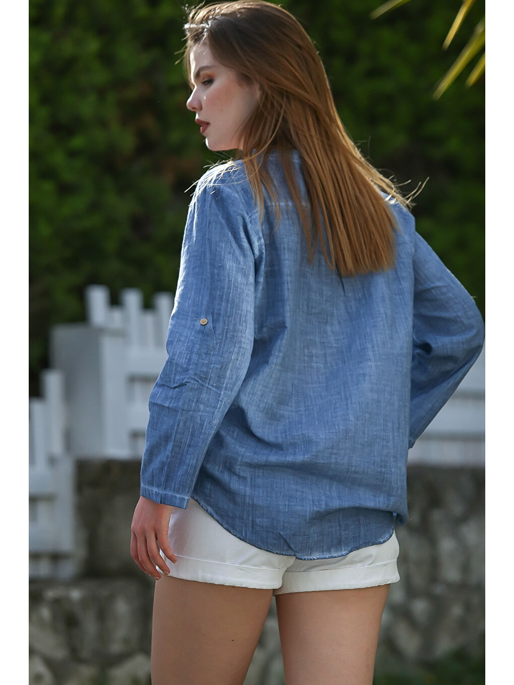 Jean Mavisi Hakim Yaka Düğmeli Uzun Kollu Cepli Yıkamalı Casual Dokuma Bluz 70 60-3