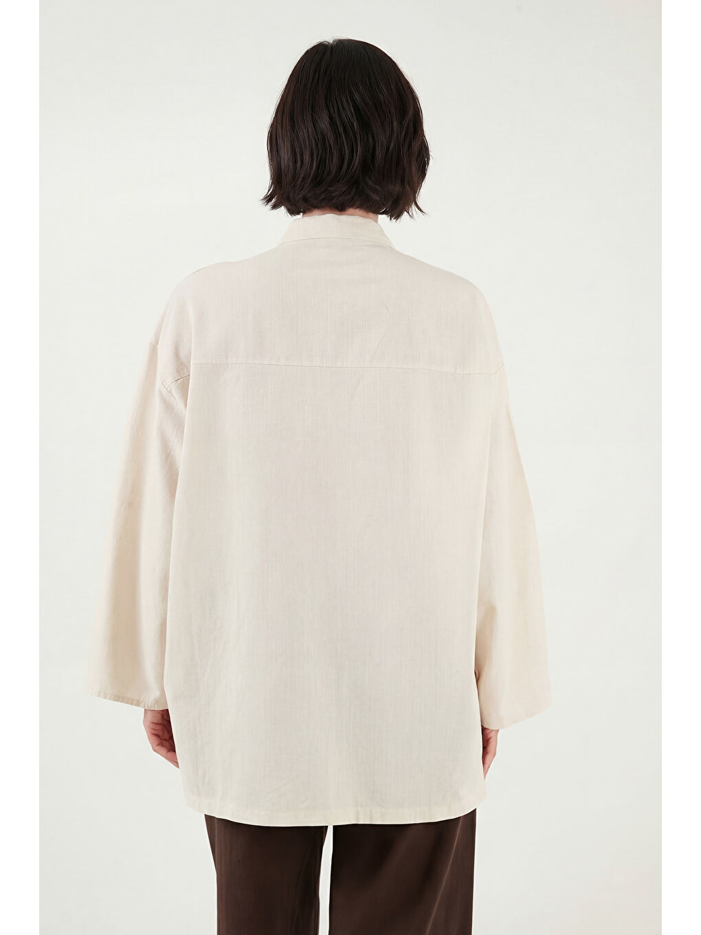 Ekru Bağlamalı Hakim Yaka Pamuklu Rahat Bluz 6925480-5