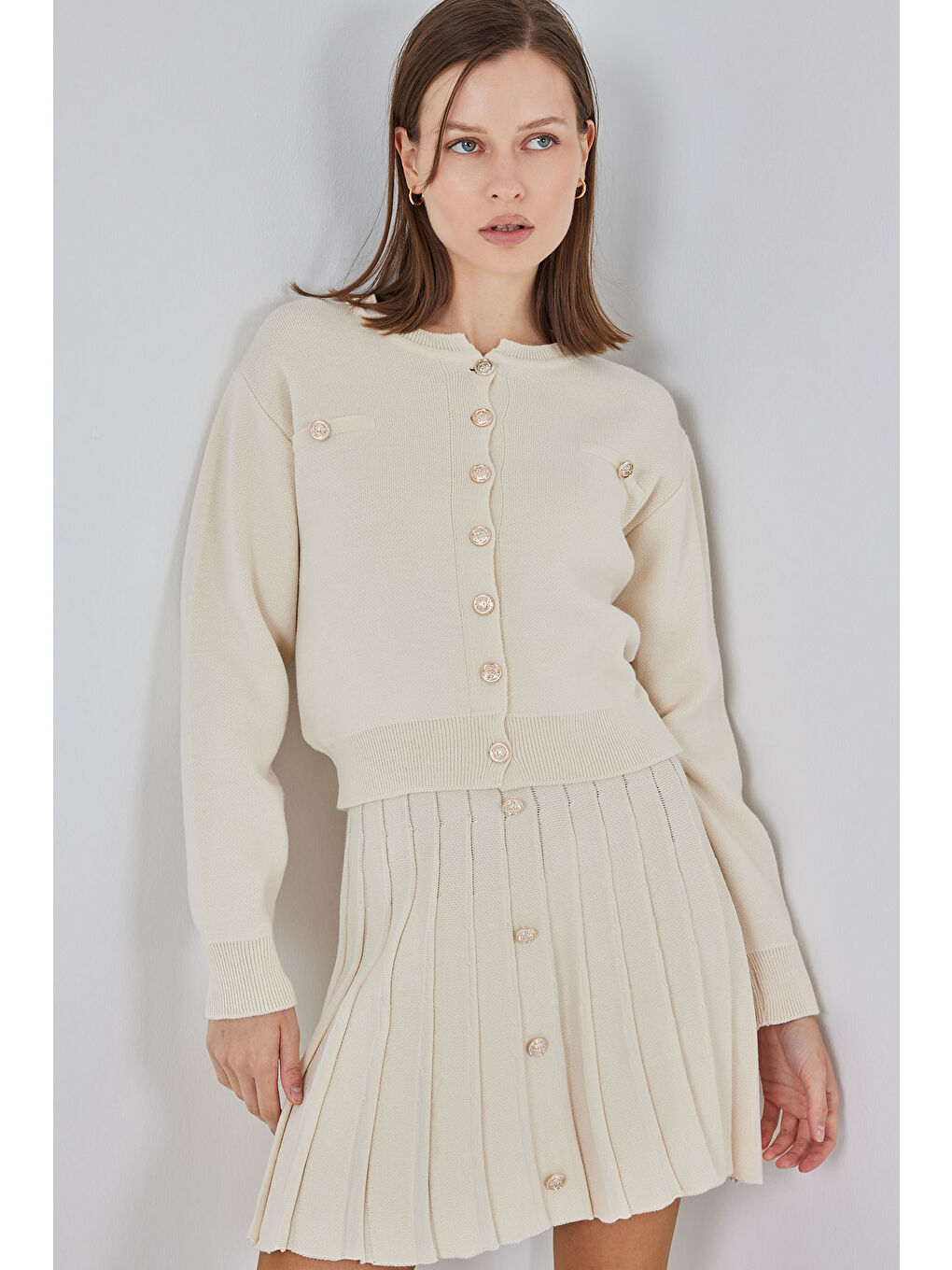 Ekru Kadın Triko Hırka Etek İkili Takım 15942 - Krem