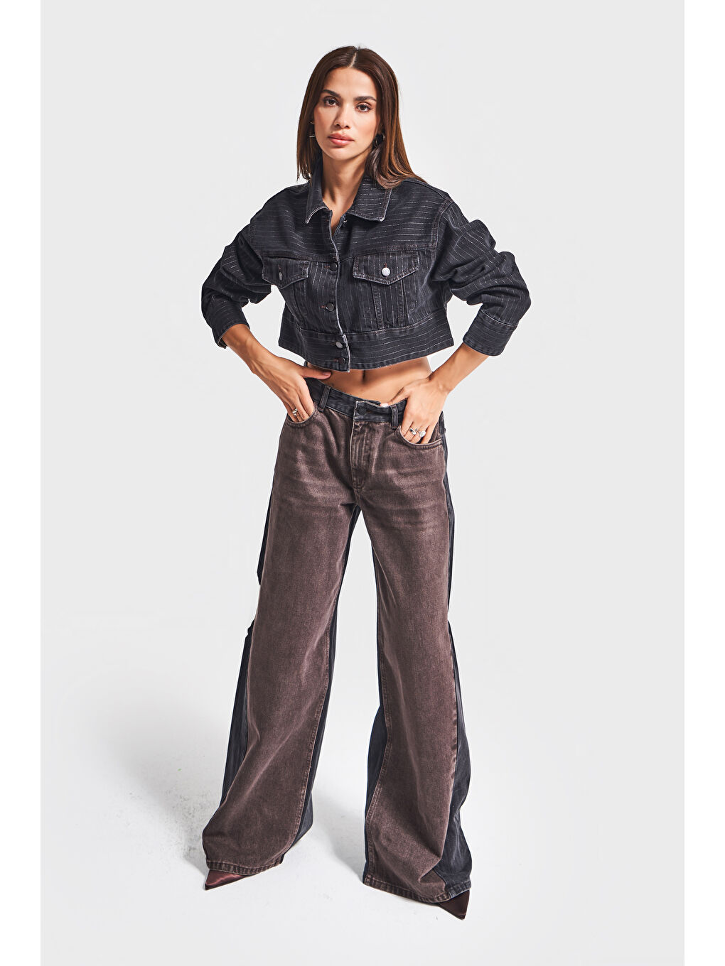 Kadın Çizgili Siyah Renk 1w5-1 Crop Fit Önü Düğmeli Komfort Denim Ceket-2