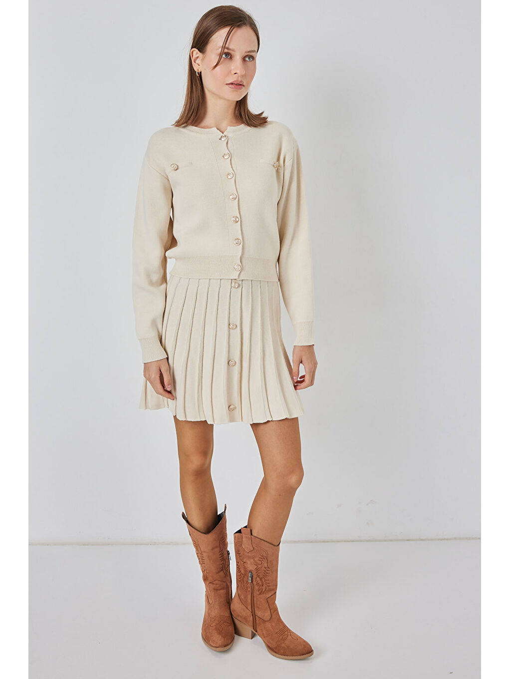 Ekru Kadın Triko Hırka Etek İkili Takım 15942 - Krem-1