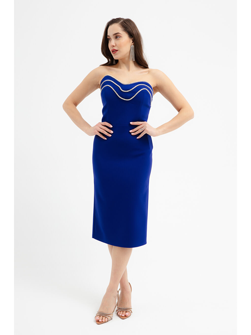 Mavi Kadın Saks Straplez Taşlı Midi Abiye Elbise