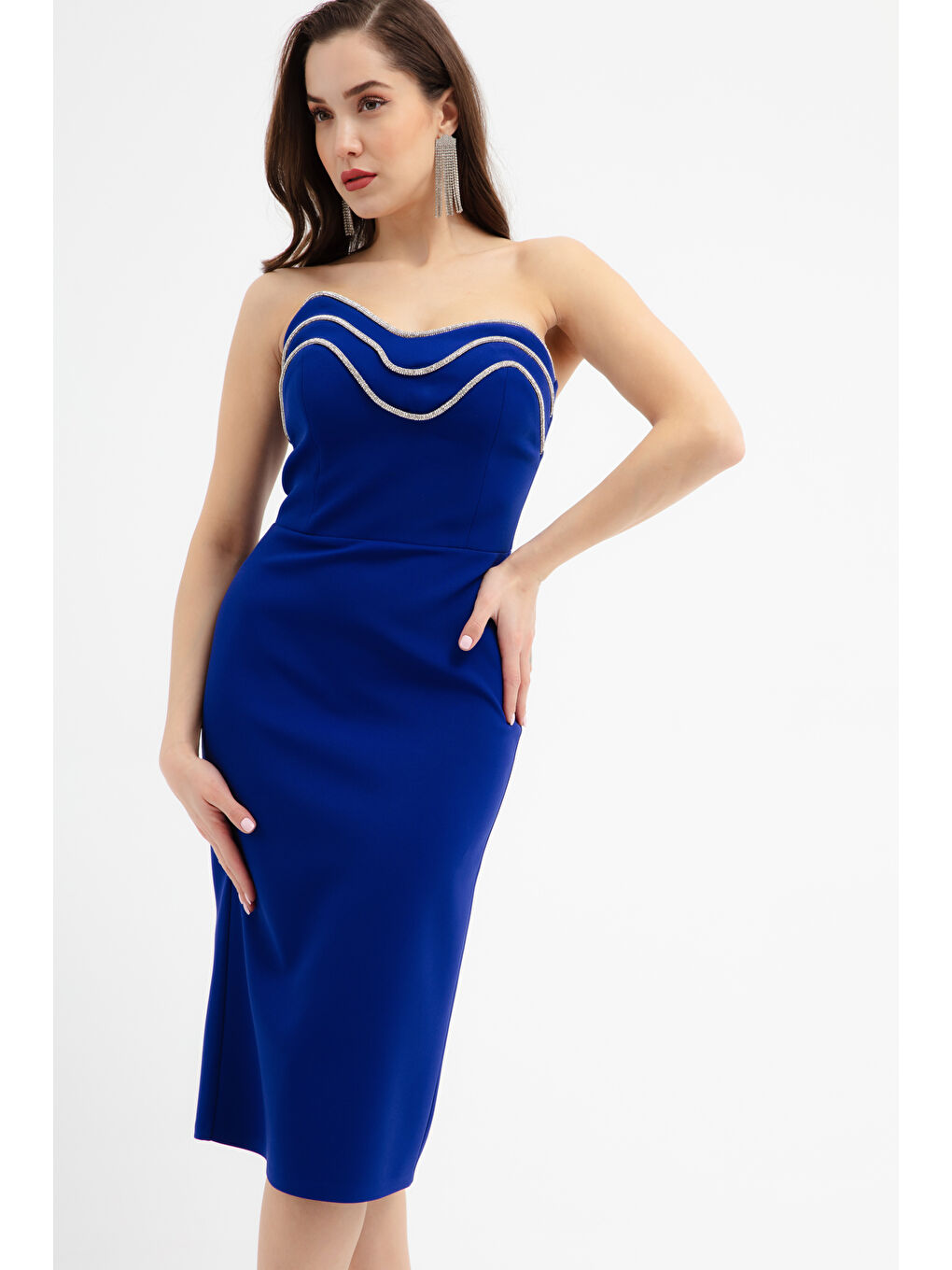Mavi Kadın Saks Straplez Taşlı Midi Abiye Elbise-1