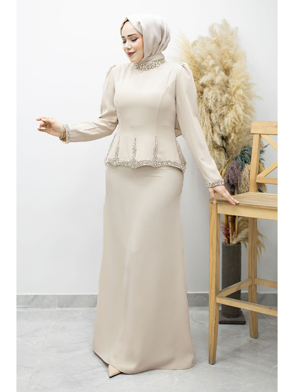 Taş İşlemeli Peplum Abiye TSD260195 Bej-4
