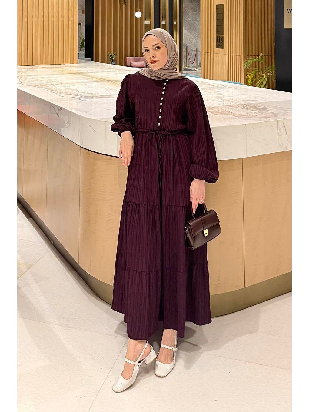 Biritli Tesettür Elbise Mürdüm