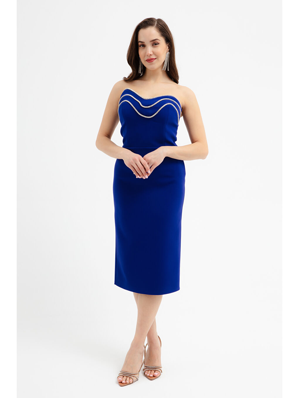 Mavi Kadın Saks Straplez Taşlı Midi Abiye Elbise-3