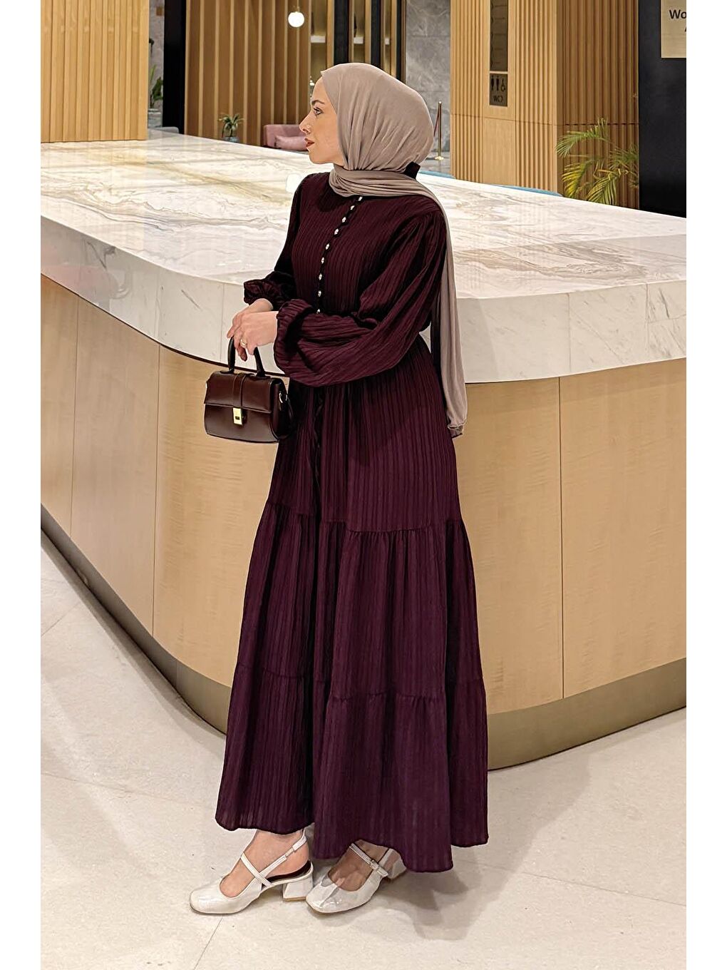 Biritli Tesettür Elbise Mürdüm-1