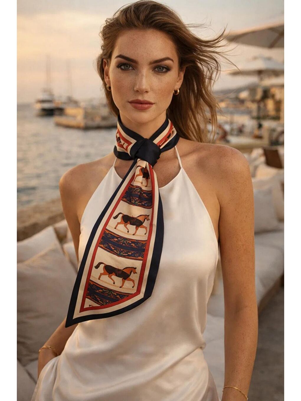 Kadın Lacivert Bordürlü Kırmızı At Figürlü Etnik Desen Premium Boyun Fuları FLR1000 LACIVERT-1